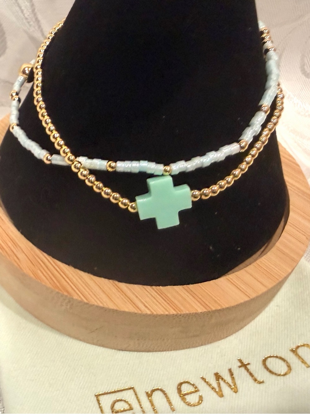 Enewton Gold Beaded Bracelet with Mint Cross Charm New